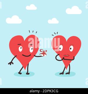 Man hearts gives gift box to girl cute hearts. Cute two couple hearts isolated on blue background. Valentines day holiday concept Stock Vector
