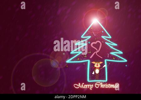 Merry Christmas and Happy New Year With The pine tree glowing and the gift with candy crane  and cute riendeer for  text, banner, WEB on RED backgroun Stock Photo
