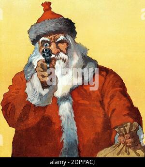 An illustration of Santa Claus pointing a gun at the viewer by Will Crawford called 'Hands Up' from Puck Magazine Stock Photo