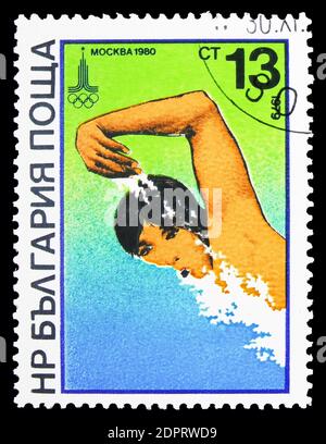 MOSCOW, RUSSIA - SEPTEMBER 26, 2018: A stamp printed in Bulgaria shows Swimming, Summer Olympics, Moscow: Watersports serie, circa 1979 Stock Photo