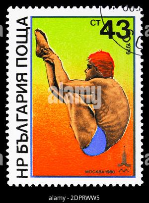 MOSCOW, RUSSIA - SEPTEMBER 26, 2018: A stamp printed in Bulgaria shows Diving, Summer Olympics, Moscow: Watersports serie, circa 1979 Stock Photo