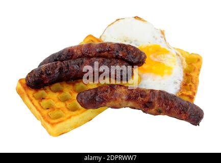Grilled pork sausages and fried egg on a potato waffle isolated on a white background Stock Photo