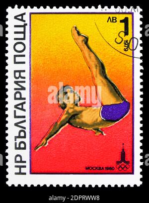 MOSCOW, RUSSIA - SEPTEMBER 26, 2018: A stamp printed in Bulgaria shows Diving, Summer Olympics, Moscow: Watersports serie, circa 1979 Stock Photo