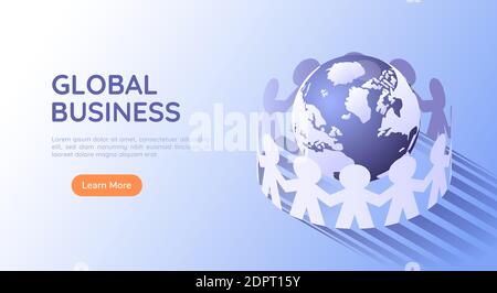 3d Isometric Web Banner Paper People Surrounded The World. Global Business and Teamwork Concept. Stock Vector