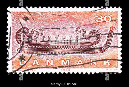 MOSCOW, RUSSIA - OCTOBER 6, 2018: A stamp printed in Denmark shows Shipping, serie, circa 1970 Stock Photo