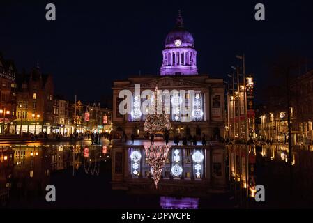 Tree and Council House lit up for Christmas in the Market Square, Nottingham City, Nottinghamshire England UK Stock Photo