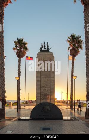 Adelaide, South Australia - March 18, 2017: Iconic Pioneer Memorial at Moseley Square, Jetty Road in Glenelg during sunset time viwed toward the jetty Stock Photo