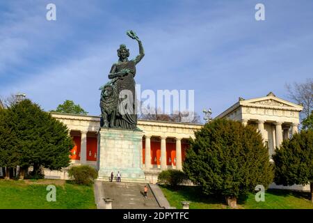 Bavaria statue with laurel wreath in front of Ruhmeshalle, Theresienhoehe, Munich, Upper Bavaria, Bavaria, Germany Stock Photo