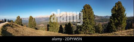 Panorama on Catinaccio and Latemar, Jochgrimmpass, Deutschnofen, South Tyrol, Italy Stock Photo