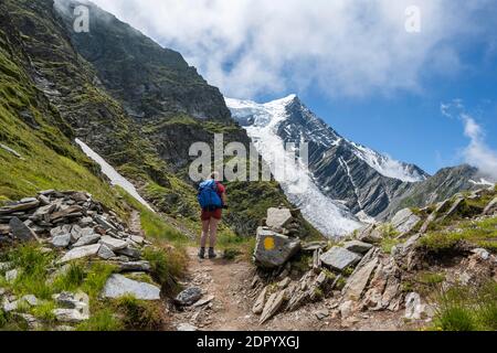 Hiker on hiking trail, hiking trail La Jonction, glacier Glacier de Taconnaz, summit of Aiguille de Bionnassay, right Mont Blanc, Chamonix Stock Photo