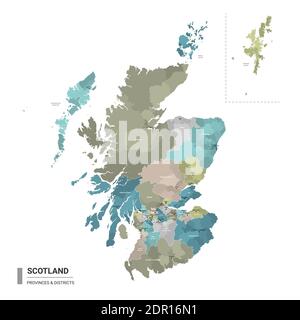 Scotland higt detailed map with subdivisions. Administrative map of Scotland with districts and cities name, colored by states and administrative dist Stock Vector