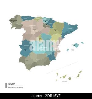 Spain higt detailed map with subdivisions. Administrative map of Spain with districts and cities name, colored by states and administrative districts. Stock Vector