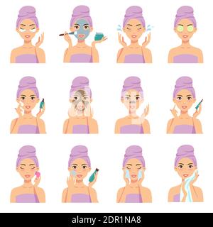 Beautiful girl cleaning and care her face with various actions. Vector illustration set isolated on white background. Stock Vector