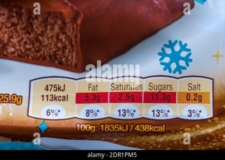 Nutritional information traffic lights system labelling colour coded label information on packet of Galaxy Salted Caramel festive cake bars Stock Photo