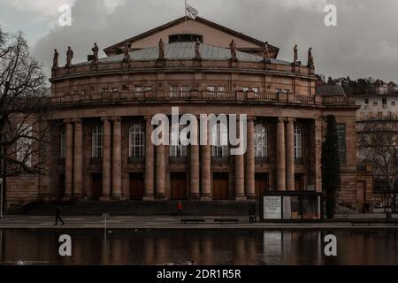 March 07, 2020 Stuttgart, Germany - Front view of famous historic Stuttgart Opera house designed by architect Max Littmann with small  lake Eckensee
