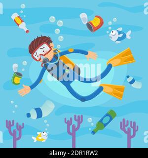 Scuba divers swimming on coral reefs and fish. Vector illustration of pollution at sea Stock Vector