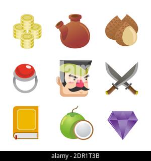 Set of different items. Vector background illustration screen to the computer game. Bright background image to create original video or web games, gra Stock Vector