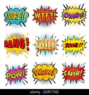 Collection of Sound effects wording comic speech bubble in pop art style and half tone background Stock Vector