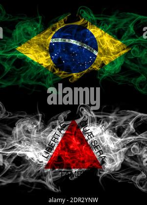 Brazil, Brazilian vs Brazil, Brazilian, Minas Gerais smoky mystic flags placed side by side. Thick colored silky abstract smoke flags. Stock Photo