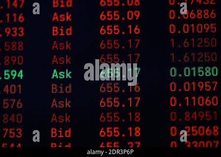 Shallow depth of field (selective focus) image with details of Ethereum cryptocurrency transactions on a digital screen. Stock Photo