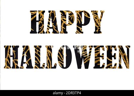 Words Happy Halloween written in black and golden on a white background. Seasonal banner on white background Stock Photo