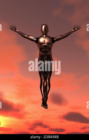 Droid ascension in idyllic sky. 3D rendering Stock Photo