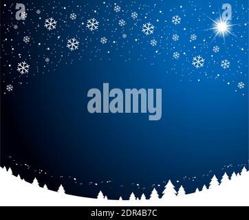 Christmas snowy nights background. Dark blue starry sky with Christmas star and snowflakes over snowy Christmas trees. Vector Stock Vector