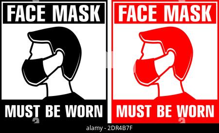 Doors sign Face mask required. Protective face mask must be worn. Warning signage for restaurant, cafe and retail business. Illustration, vector on tr Stock Vector