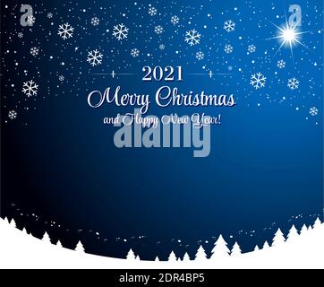 Christmas snowy nights background. Dark blue starry sky with Christmas star and snowflakes over snowy Christmas trees. Vector Stock Vector