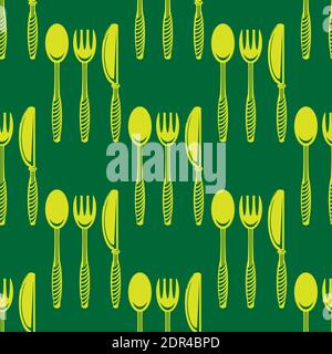 Food Seamless Pattern for Cafe. Fork Spoon Knife Logo Design Isolated on Green Background Stock Vector