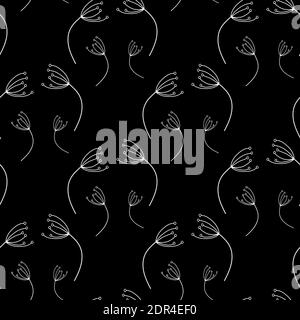 Floral pattern of dandelions. Seamless simple black background with flying dandelion eps10 Stock Vector