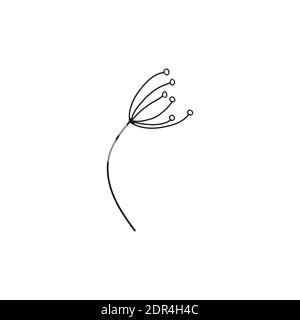 Silhouette of a dandelion with flying seeds. Black contour of a dandelion. Black and white illustration of a flower. Summer plant. Stock Vector