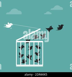 Vector image of a bird in the cage and outside the cage. Freedom concept. Easy editable layered vector illustration. Stock Vector