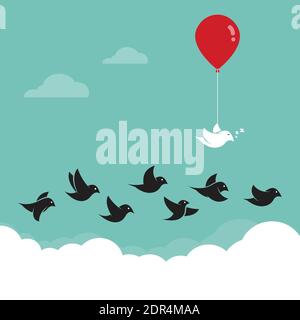 Birds flying in the sky and red balloons. Concept creative. Easy editable layered vector illustration. Stock Vector