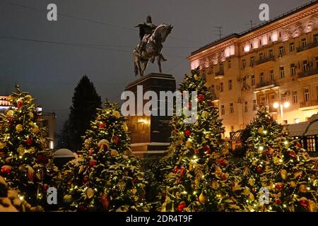 Moscow new year 2021 (christmas) decoration.Yuriy Dolgorukiy Statue. Stock Photo