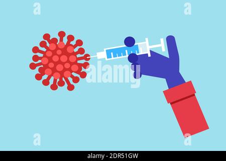 virus, vaccination and vaccine. Injection with substance is jabbed into infectious and contagious virion. Doctor's hand, syringe and red microorganism Stock Photo