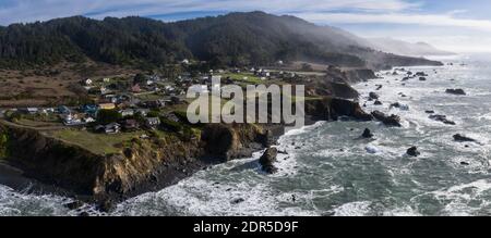 The cold, nutrient-rich waters of the Pacific Ocean beat against the rocky and incredibly scenic coastline of Northern California in Mendocino. Stock Photo