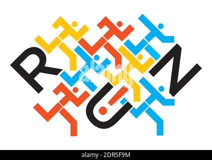 Joggers, running race, word run. Illustration of runners symbol with run lettering. Vector available. Stock Vector