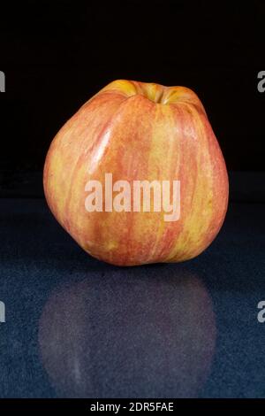 The Red apple on turn blue the table with reflection. Ripe fruit on black background Stock Photo