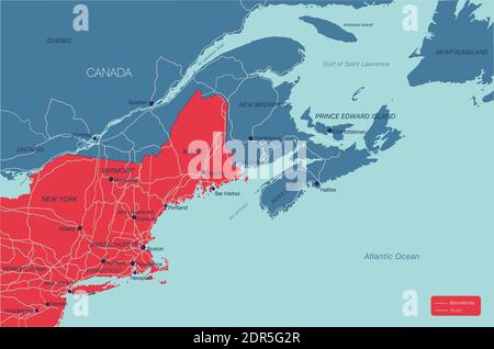 New England region detailed editable map with cities and towns, geographic sites, roads, railways, interstates and U.S. highways. Vector EPS-10 file, Stock Vector