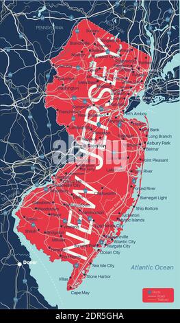 New Jersey state detailed editable map with cities and towns, geographic sites, roads, railways, interstates and U.S. highways. Vector EPS-10 file, tr Stock Vector