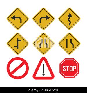 Road traffic signs set in yellow and red. Car direction on the road icons vector illustration way signpost Stock Vector