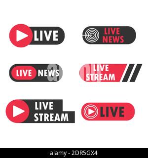 Collection of banners news live streams. Broadcasting live television symbols in black and red. Online stream video icons vector illustration Stock Vector