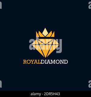 Royal diamond logo gem icon with crown. Luxury shining yellow crystal jewelry logo vector illustration brand Stock Vector