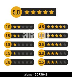 Black and yellow star rating design gold icons set. Review the quality best rank by five. Success symbol vector illustration Stock Vector