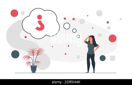 People thoughts concept illustration. A woman thinks and asks herself questions. Problem solving and thoughts vector illustration Stock Vector