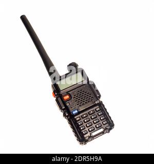 Black portable radio transmitter isolated on white background. Close-up Stock Photo