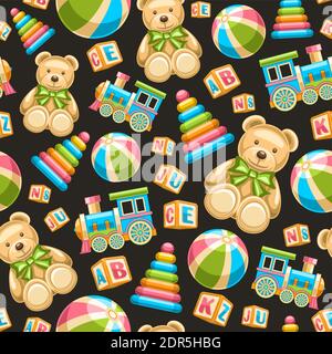 Vector Toys Seamless Pattern, square repeating toy background, group of cut out illustrations. Flat lay variety kids toys on black background, seamles Stock Vector