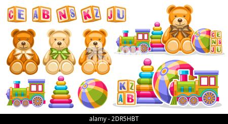 Vector set for Kids Toys, lot collection of cut out illustrations of different design teddy bears, steam train, kids ball, colorful plastic pyramid an Stock Vector