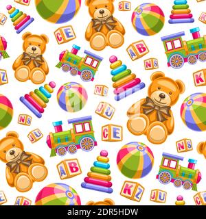 Vector Toys Seamless Pattern, square repeating toy background, group of cut out illustrations. Flat lay variety kids toys on white background, seamles Stock Vector